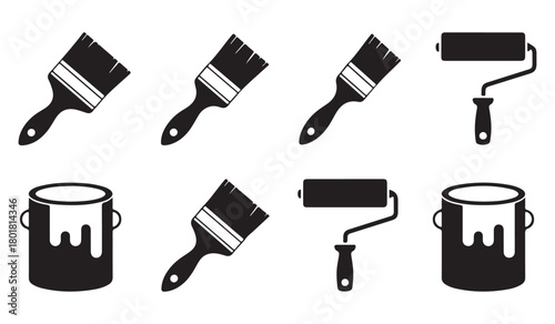  Collection of black and white silhouette icons representing painting tools and supplies