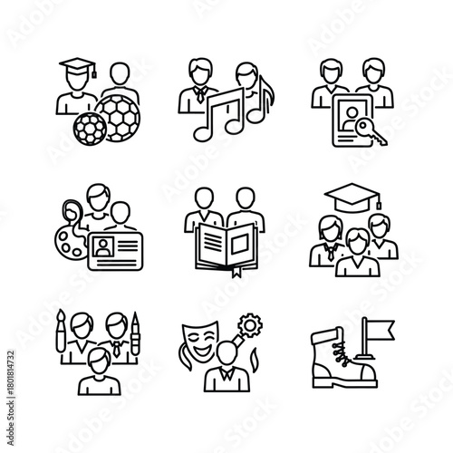 Academic meeting icon with graduates seated around a conference table, symbolizing education, learning, and collaboration.