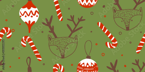 Whimsical Christmas Holiday Pattern with Reindeer, Candy Canes, and Ornaments