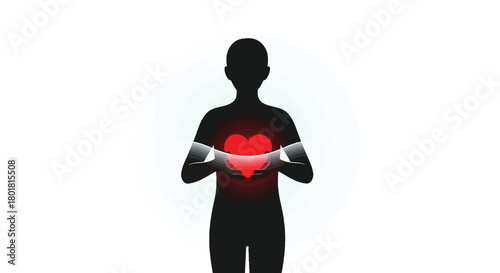 Silhouette of a person holding a glowing red heart with light radiating outwards