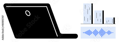 Open laptop beside analytics bar graphs and audio waveform. Ideal for technology, data, analytics, sound, communication, business, research. Clean and simple flat metaphor