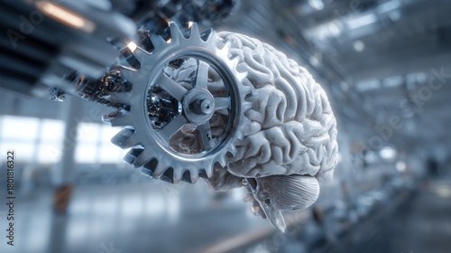 A cerebral brain rests beside a metallic cog, suggesting the integration of thought and mechanical systems. Background blurred