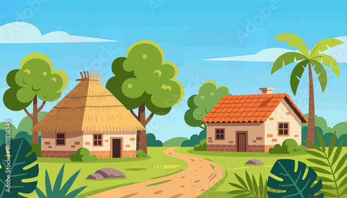 Tropical village with two houses, colorful flat design illustration
