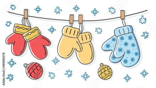 A vibrant and cheerful collection of colorful cartoon mittens and gloves perfect for winter themed designs and festive holiday projects