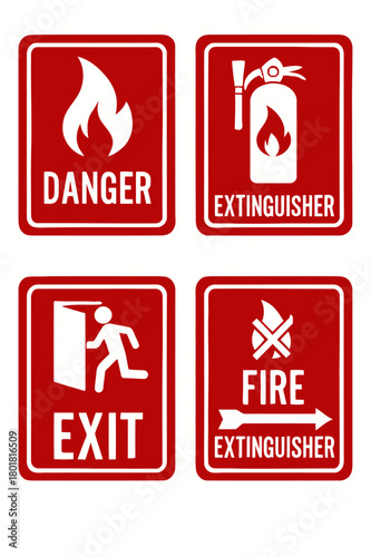 Collection of vital safety and emergency signs for public and commercial spaces, indicating fire danger, extinguisher locations, and clear exit routes for rapid response
