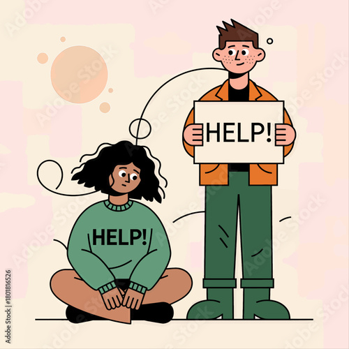 Two people asking for help, minimalistic illustration style.