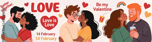 Valentine's Day couples kissing illustration, colorful flat style with love theme