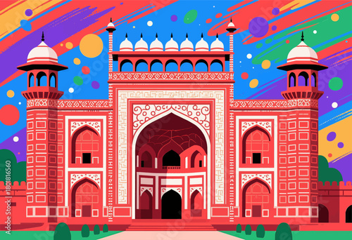 Vibrant red fort illustration, colorful Mughal architecture design