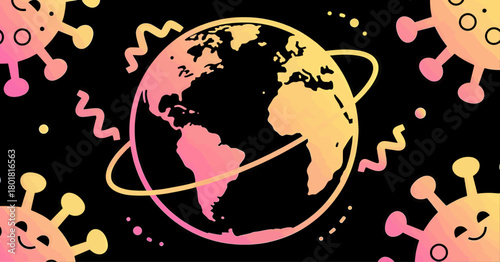 Virus cells surrounding flat design globe, minimal illustration