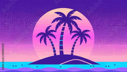 Tropical island with palm trees sunset scene, retro vector style