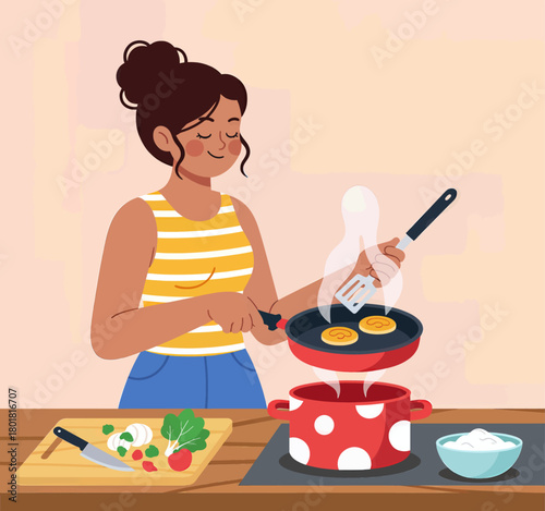 Woman cooking pancakes in kitchen, colorful flat design