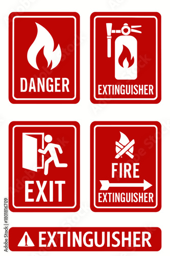 Set of red and white safety signs including danger, exit, fire extinguisher, and fire signs for emergency situations