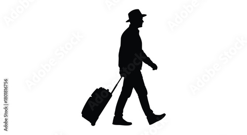 Silhouette of a man in a hat walking with a rolling suitcase on a white background