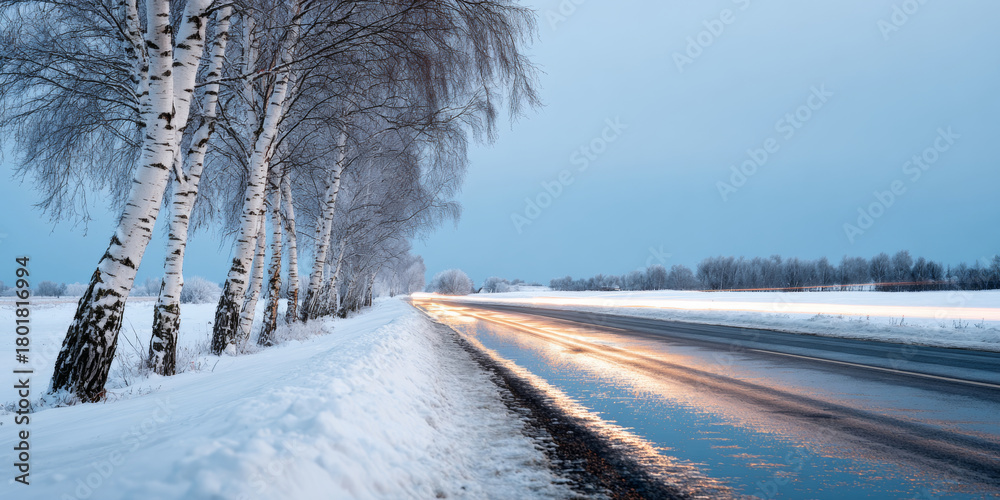 Naklejka premium A winter road with snow on the sides and trees, as well as lights reflecting off of it