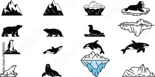Arctic animals and icebergs simple graphic icons polar bear