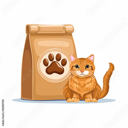 Joli chat à côté d'un grand sac de croquettes, isolé sur fond blanc