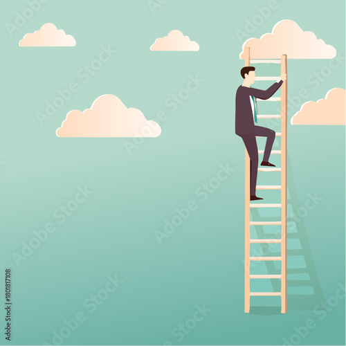 Un homme en costume élégant, grimpe à une échelle dans le ciel bleu vert, parsemé de nuages, image insolite, surréaliste, poétique