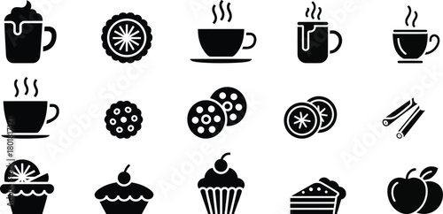 Black icons of hot drinks cookies cupcakes and fruit