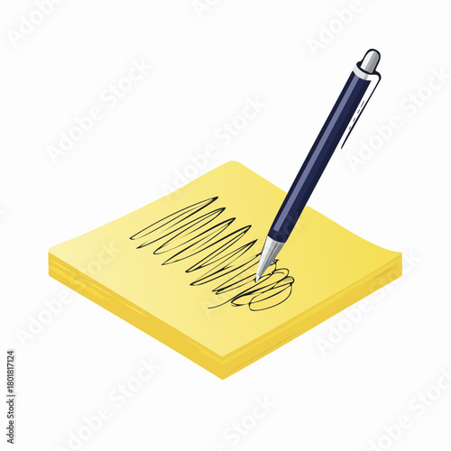 Un stylo et un post-it, pense bête, mémo, prise de note, rappel, idée, noter, écrire, isolé sur un fond blanc