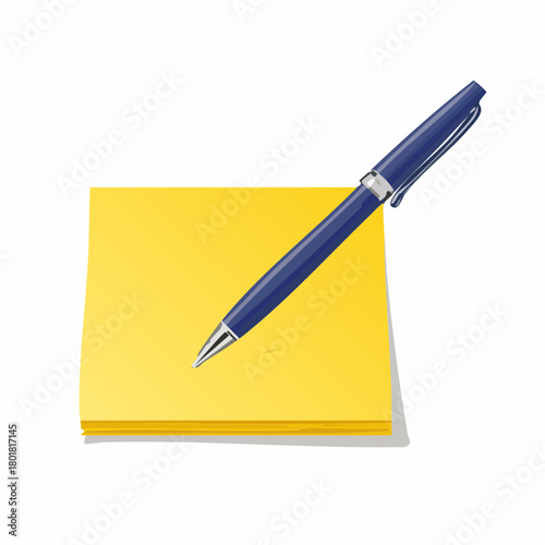 Un stylo et un post-it, pense bête, mémo, prise de note, rappel, idée, noter, écrire, isolé sur un fond blanc