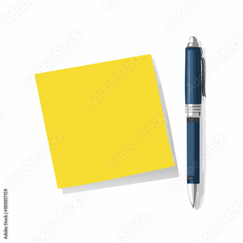 Un stylo et un post-it, pense bête, mémo, prise de note, rappel, idée, noter, écrire, isolé sur un fond blanc
