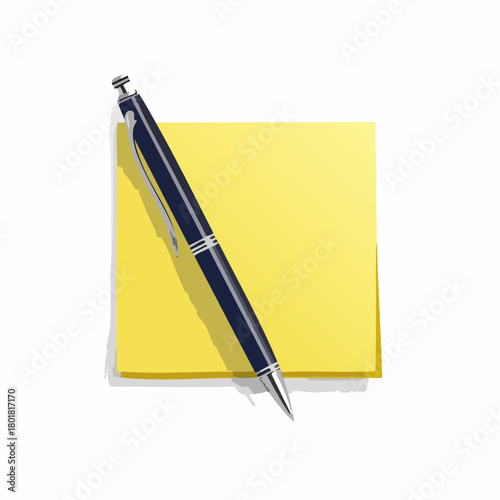 Un stylo et un post-it, pense bête, mémo, prise de note, rappel, idée, noter, écrire, isolé sur un fond blanc