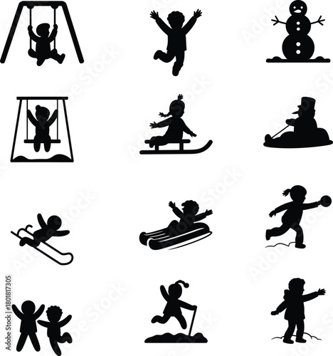 Children playing and winter activities silhouettes