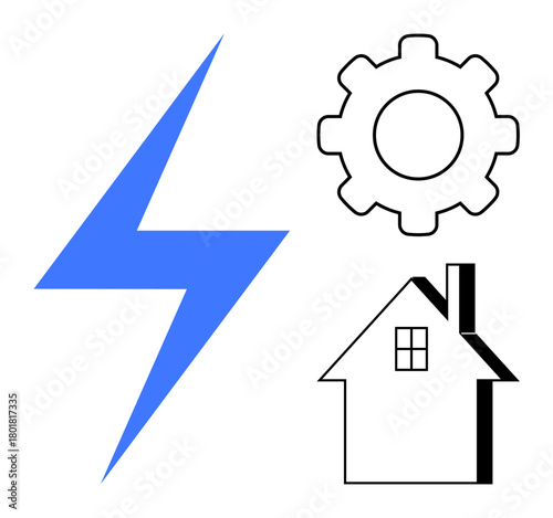 Blue lightning bolt, gear, and house outline symbolizing energy, machinery, home automation, electricity. Ideal for sustainability, innovation, smart homes green energy mechanics efficiency