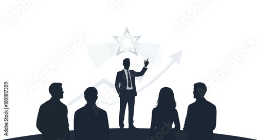 Silhouette of a confident businessman leading a team with a star and upward trending graph in the background