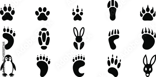 Collection of black animal paw prints and silhouettes