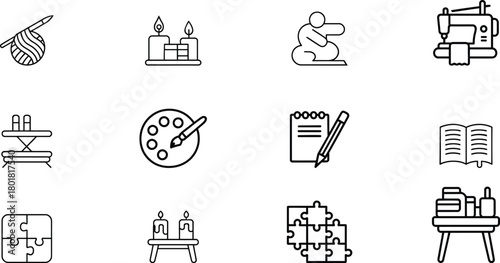 Collection of line art icons representing hobbies and activities