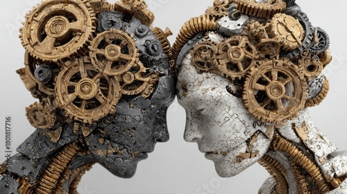 Two busts face each other, adorned with metallic gears. One is grey, the other white, both mechanical and detailed