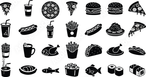 Vector illustration of collection of fast food and drink icons isolated on