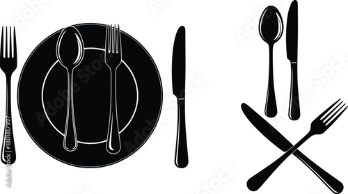 Vector illustration of table setting with plate, fork, knife, and spoon isolated on