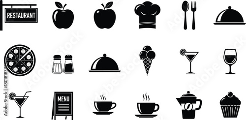 Vector illustration of collection of restaurant and food icons isolated on
