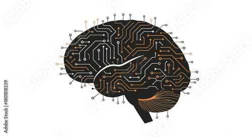 Abstract digital brain illustration with circuit board patterns and glowing connections on white background