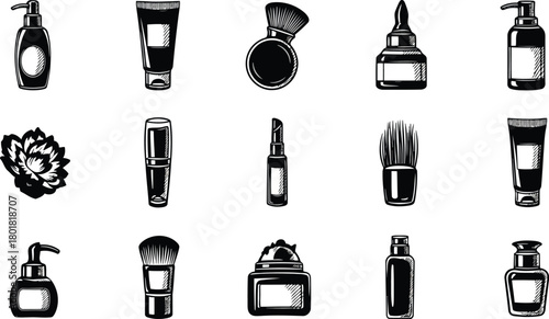 Vector illustration of assortment of handdrawn beauty and cosmetic product icons isolated on