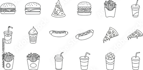 Vector illustration of collection of fast food icons in a simple line art style