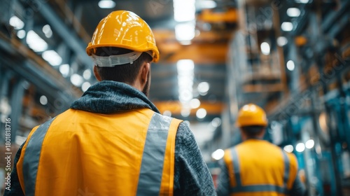 Back view of two workers in safety vests and helmets walking down a large industrial space, out of focus background