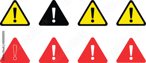 Vector illustration of set of warning signs with exclamation marks isolated on