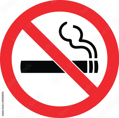 Vector illustration of no smoking sign with a cigarette and smoke inside a red circle isolated on