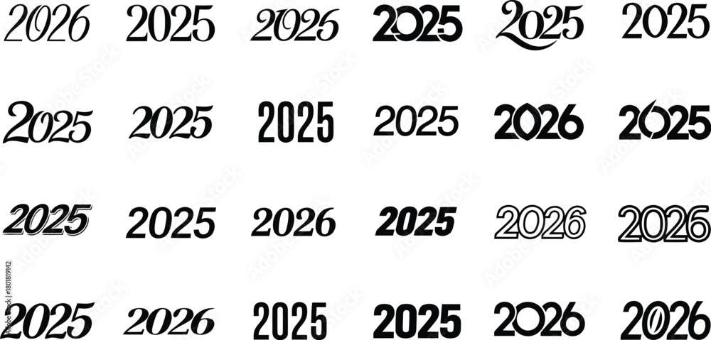 Obraz premium Vector illustration of collection of 2025 and 2026 year numbers in various font styles