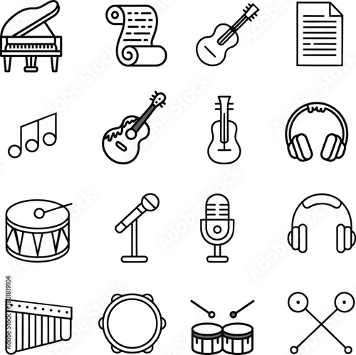 Music instruments and symbols icons collection piano