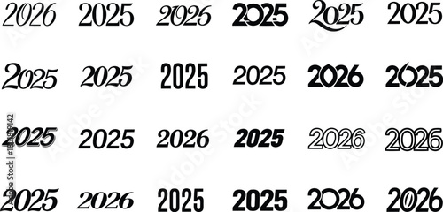 Vector illustration of collection of 2025 and 2026 year numbers in various font styles