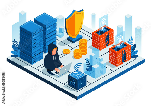 Isometric Cyber Security Illustration Hacker with Server Shield Protection