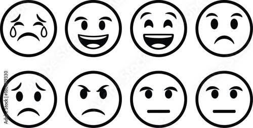 Vector illustration of set of eight black and white emoji faces showing different emotions