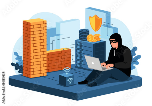 Cybersecurity threats Illustration of a hacker accessing data, with firewall, servers, and security features