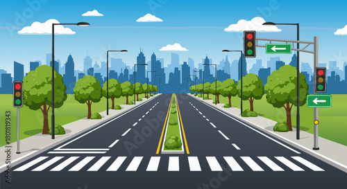 Illustration of a long city road with crosswalks, traffic lights, trees, and city skyline in the background
