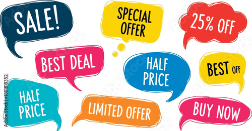 Vector illustration of collection of colorful speech bubbles with sale and discount messages