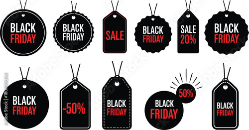 Vector illustration of black friday sale tags with discount percentage, isolated on